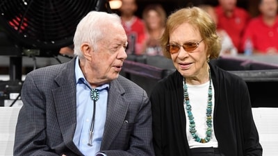 Jimmy Carter and Rosalynn Carter sit together ahead of an NFL football game between the Atlanta Falcons and the Cincinnati Bengals, Sept. 30, 2018, in Atlanta (AP Photo/John Amis, File) (AP) Jimmy Carter and Rosalynn Carter sit together ahead of an NFL football game between the Atlanta Falcons and the Cincinnati Bengals, Sept. 30, 2018, in Atlanta (AP Photo/John Amis, File) (AP)