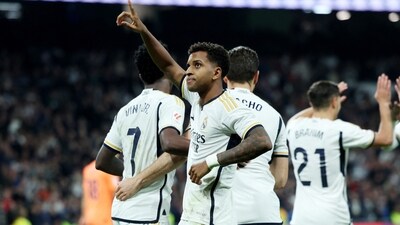 Real Madrid's Rodrygo celebrates scoring their fourth goal (REUTERS)