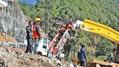 The under-construction tunnel between Silkyara and Dandalgaon on the Brahmakhal-Yamunotri national highway, days after a portion of the tunnel collapsed trapping several workers inside, in Uttarkashi district, on Sunday. (PTI)