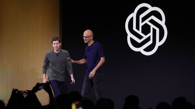 Microsoft CEO Satya Nadella (R) greets OpenAI CEO Sam Altman during the OpenAI DevDay event on November 06, 2023 in San Francisco. (AFP) Microsoft CEO Satya Nadella (R) greets OpenAI CEO Sam Altman during the OpenAI DevDay event on November 06, 2023 in San Francisco. (AFP)