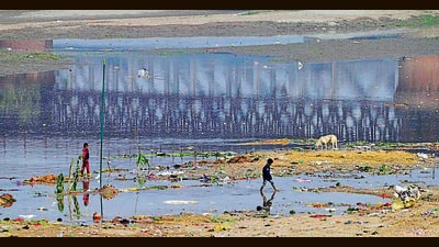 Waste lying next to the bank of Sutlej river in Ladhowal area after Chhath Puja celebrations in Ludhiana. (ht photo)