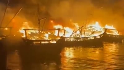 The fire first broke out on a boat and then spread to nearly 35 fibre-mechanised boats at Andhra Pradesh's Visakhapatnam fishing harbour at midnight. (ANI) The fire first broke out on a boat and then spread to nearly 35 fibre-mechanised boats at Andhra Pradesh's Visakhapatnam fishing harbour at midnight. (ANI)