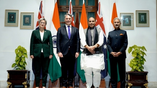 Defence minister Rajnath Singh and external affairs minister S Jaishankar with Australian deputy PM Richard Marles and foreign affairs minister Penny Wong in New Delhi on Monday. (PTI)