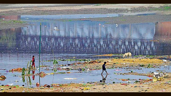 Waste lying next to the bank of Sutlej river in Ladhowal area after Chhath Puja celebrations in Ludhiana. (ht photo)
