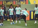 Brazil forward Raphinha (2-R) controls the ball during a training session in Teresopolis, Rio de Janeiro, Brazil on November 20, 2023, ahead of the FIFA World Cup 2026 qualifier football match against Argentina on November 21. Brazil forward Raphinha (2-R) controls the ball during a training session in Teresopolis, Rio de Janeiro, Brazil on November 20, 2023, ahead of the FIFA World Cup 2026 qualifier football match against Argentina on November 21.