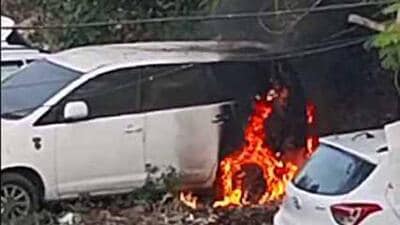 A fire broke out at stationed vehicle at a vacant plot near division number 2 here on Tuesday in Ludhiana on Tuesday, November 21, 2023. (Photo by Hindustan Times)