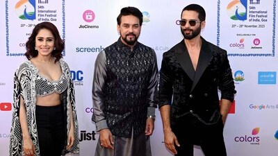 Union Minister for Information and Broadcasting Anurag Singh Thakur was joined by Bollywood actors Shahid Kapoor and Nushrratt Bharuccha on the red carpet at the inaugural ceremony of the 54th International Film Festival of India (IFFI), on Monday. Both Shahid and Nushrratt were dressed in black. (ANI) Union Minister for Information and Broadcasting Anurag Singh Thakur was joined by Bollywood actors Shahid Kapoor and Nushrratt Bharuccha on the red carpet at the inaugural ceremony of the 54th International Film Festival of India (IFFI), on Monday. Both Shahid and Nushrratt were dressed in black. (ANI)