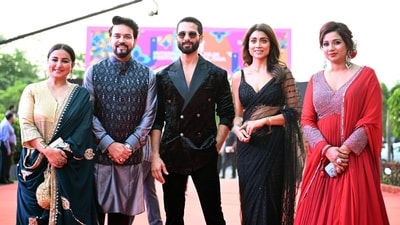 Union Minister for Information and Broadcasting Anurag Singh Thakur joined by Bollywood actors Shahid Kapoor, Divya Dutta, Shriya Saran and singer Shreya Ghoshal on the red carpet at the inaugural ceremony of the 54th International Film Festival of India (IFFI), on Monday. Shahid also performed on stage at the inaugural ceremony. (ANI) Union Minister for Information and Broadcasting Anurag Singh Thakur joined by Bollywood actors Shahid Kapoor, Divya Dutta, Shriya Saran and singer Shreya Ghoshal on the red carpet at the inaugural ceremony of the 54th International Film Festival of India (IFFI), on Monday. Shahid also performed on stage at the inaugural ceremony. (ANI)