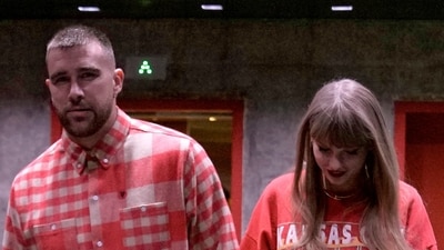 Travis Kelce and Taylor Swift leave Arrowhead stadium after an NFL football game in October 2023. (AP) Travis Kelce and Taylor Swift leave Arrowhead stadium after an NFL football game in October 2023. (AP)