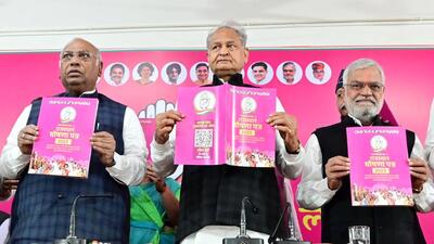 Congress President Mallikarjun Kharge, Rajasthan chief minister Ashok Gehlot and party leader CP Joshi release the party’s manifesto for the upcoming state assembly elections in Jaipur on Tuesday. (ANp) Congress President Mallikarjun Kharge, Rajasthan chief minister Ashok Gehlot and party leader CP Joshi release the party’s manifesto for the upcoming state assembly elections in Jaipur on Tuesday. (ANp)
