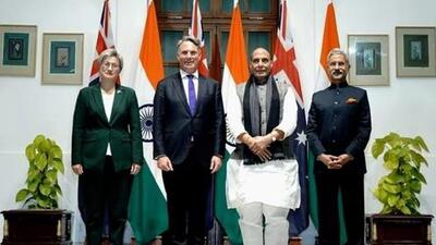Defence minister Rajnath Singh and external affairs minister S Jaishankar with Australian deputy PM Richard Marles and foreign affairs minister Penny Wong in New Delhi on Monday. (PTI)