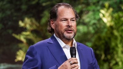 Salesforce CEO Marc Benioff prepares to introduce OpenAI CEO Sam Altman ahead of a conversation held at Yerba Buena Theater during the first day of Dreamforce, the annual tech conference hosted by Salesforce, in San Francisco, Tuesday, Sept. 12, 2023 (Jessica Christian/San Francisco Chronicle via AP) (AP)