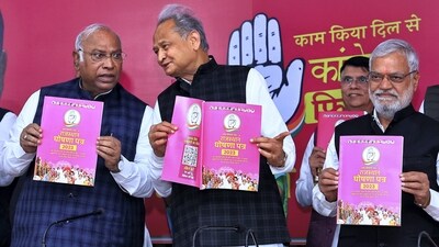 Congress President Mallikarjun Kharge with Rajasthan Chief Minister Ashok Gehlot and party leaders releases the party's manifesto for the State Assembly elections, in Jaipur. (PTI) Congress President Mallikarjun Kharge with Rajasthan Chief Minister Ashok Gehlot and party leaders releases the party's manifesto for the State Assembly elections, in Jaipur. (PTI)
