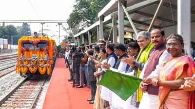 President Droupadi Murmu, who is on a visit to Odisha and Andhra Pradesh, on Tuesday flagged off three trains from Badampahar Railway Station in Mayurbhanj district of Odisha. These trains are Shalimar -Badampahar - Shalimar Weekly Express, Badampahar-Rourkela - Badampahar Weekly Express, and Tatanagar- Badampahar- Tatanagar MEMU Service. (PTI) President Droupadi Murmu, who is on a visit to Odisha and Andhra Pradesh, on Tuesday flagged off three trains from Badampahar Railway Station in Mayurbhanj district of Odisha. These trains are Shalimar -Badampahar - Shalimar Weekly Express, Badampahar-Rourkela - Badampahar Weekly Express, and Tatanagar- Badampahar- Tatanagar MEMU Service. (PTI)