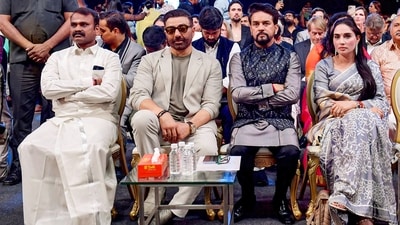 Union Minister for Information & Broadcasting and Youth Affairs & Sports Anurag Singh Thakur with MoS for Fisheries, Animal Husbandry & Dairying, Information and Broadcasting L Murugan and actor Sunny Deol during the inaugural ceremony of 54Th International Film Festival of India (IFFI), in Goa. Pictures of Sunny greeting Anurag Singh Thakur have also surfaced online. (PTI) Union Minister for Information & Broadcasting and Youth Affairs & Sports Anurag Singh Thakur with MoS for Fisheries, Animal Husbandry & Dairying, Information and Broadcasting L Murugan and actor Sunny Deol during the inaugural ceremony of 54Th International Film Festival of India (IFFI), in Goa. Pictures of Sunny greeting Anurag Singh Thakur have also surfaced online. (PTI)