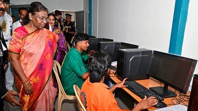 President Droupadi Murmu interacts with students during a visit at SLS Memorial residential school at Pahadpur, in Mayurbhanj district. (PTI) President Droupadi Murmu interacts with students during a visit at SLS Memorial residential school at Pahadpur, in Mayurbhanj district. (PTI)