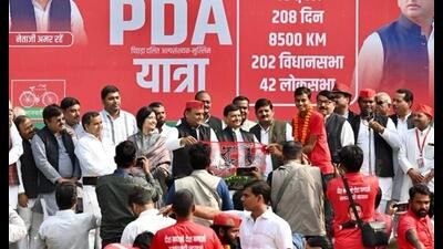 Samajwadi Party chief Akhilesh Yadav and other party leaders at the concluding ceremony of Samajwadi PDA Yatra at Saifai village in U.P.’s Etawah on November 21. (Sourced) Samajwadi Party chief Akhilesh Yadav and other party leaders at the concluding ceremony of Samajwadi PDA Yatra at Saifai village in U.P.’s Etawah on November 21. (Sourced)