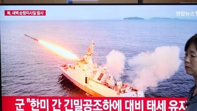 A TV screen shows a file image of North Korea's missile launch during a news program at the Seoul Railway Station in Seoul, South Korea. (AP) A TV screen shows a file image of North Korea's missile launch during a news program at the Seoul Railway Station in Seoul, South Korea. (AP)
