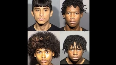 (Clockwise from top left) Damien Hernandez, Dontral Beaver, Gianni Robinson, and Treavion Randolph have had their mugshots released (Las Vegas Metropolitan Police Department) (Clockwise from top left) Damien Hernandez, Dontral Beaver, Gianni Robinson, and Treavion Randolph have had their mugshots released (Las Vegas Metropolitan Police Department)