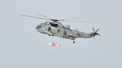 The video shared by the Indian Navy on X depicted the missile launch from the Seaking 42B helicopter. The video shared by the Indian Navy on X depicted the missile launch from the Seaking 42B helicopter.