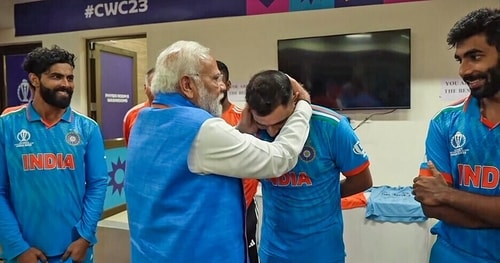 A video grab shows Prime Minister Narendra Modi consoling an emotional Mohammed Shami among others, as PM meets the players of Team India in their dressing room to raise their spirits after India's 6-wicket loss to Australia. (PMO ) A video grab shows Prime Minister Narendra Modi consoling an emotional Mohammed Shami among others, as PM meets the players of Team India in their dressing room to raise their spirits after India's 6-wicket loss to Australia. (PMO )