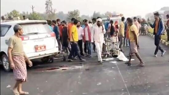 Witnesses said the Madhepura collector’s vehicle first hit Gudiya Devi, 27, and her seven-year-old daughter, before hitting two labourers working on the highway (Videograb)