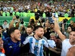 Argentina's forward Lionel Messi (C) celebrates with teammates at the end of the 2026 FIFA World Cup South American qualification football match between Brazil and Argentina at Maracana Stadium in Rio de Janeiro, Brazil