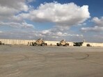 Military vehicles of U.S. soldiers are seen at the al-Asad air base in Anbar province, Iraq.