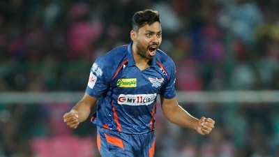 Lucknow Super Giants' Avesh Khan celebrates after picking a wicket in the IPL match against Rajasthan Royals (Lucknow Super Giants Twitter)