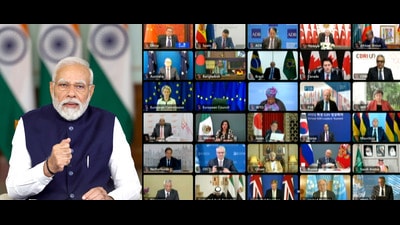 Prime Minister Narendra Modi delivers opening remarks at the Virtual G20 Leaders' Summit on Wednesday. (ANI) Prime Minister Narendra Modi delivers opening remarks at the Virtual G20 Leaders' Summit on Wednesday. (ANI)
