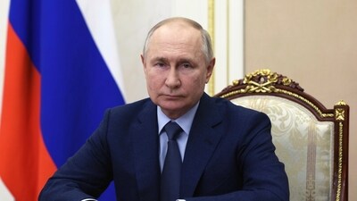 Russian president Vladimir Putin speaks during a video address. (AP) Russian president Vladimir Putin speaks during a video address. (AP)