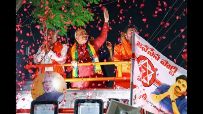Union home minister Amit Shah with Union minister and Telangana BJP president G Kishan Reddy during a road show ahead of Telangana assembly elections, at Nacharam in Medchal-Malkajgiri district on November 20. (PTI) Union home minister Amit Shah with Union minister and Telangana BJP president G Kishan Reddy during a road show ahead of Telangana assembly elections, at Nacharam in Medchal-Malkajgiri district on November 20. (PTI)