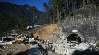 A general view shows the entrance of the under-construction Silkyara road tunnel in Uttarkashi. (AFP) A general view shows the entrance of the under-construction Silkyara road tunnel in Uttarkashi. (AFP)
