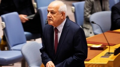 Palestinian Permanent Observer to the United Nations Riyad H. Mansour attends a UN Security Council meeting on the situation in the Middle East, and the Israel-Hamas war at the United Nations headquarters. (AFP) Palestinian Permanent Observer to the United Nations Riyad H. Mansour attends a UN Security Council meeting on the situation in the Middle East, and the Israel-Hamas war at the United Nations headquarters. (AFP)