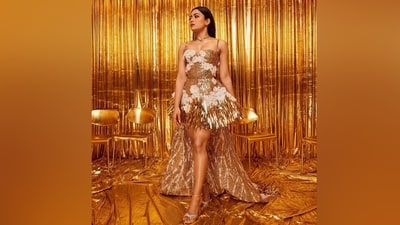 Rashmika wore the ensemble with high heels and a choker necklace. She chose centre-parted open locks, smoky eye shadow, mocha brown lip shade, rouge on the cheeks, beaming highlighter, darkened brows, and mascara on the lashes for the glam picks. (Instagram) Rashmika wore the ensemble with high heels and a choker necklace. She chose centre-parted open locks, smoky eye shadow, mocha brown lip shade, rouge on the cheeks, beaming highlighter, darkened brows, and mascara on the lashes for the glam picks. (Instagram)