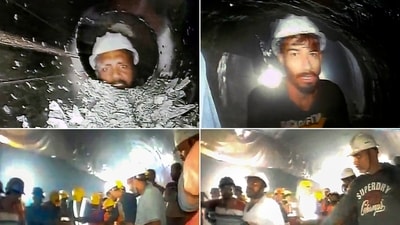Uttarkashi: Visuals of workers trapped inside the Silkyara tunnel in Uttarkashi district, released by rescuers on Tuesday, Nov. 21, 2023. (PTI) Uttarkashi: Visuals of workers trapped inside the Silkyara tunnel in Uttarkashi district, released by rescuers on Tuesday, Nov. 21, 2023. (PTI)