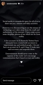 Sara Tendulkar responded to her deepfake accounts through Instagram. Sara Tendulkar responded to her deepfake accounts through Instagram.