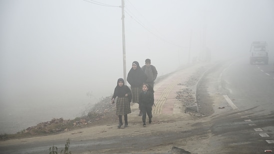 Kashmir experienced a drop in temperature to zero degrees, accompanied by thick fog that severely reduced visibility on the roads, causing challenges for the local residents.&nbsp;(HT Photo/Waseem Andrabi)