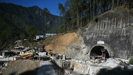 A general view shows the entrance of the under-construction Silkyara road tunnel in Uttarkashi. (AFP)