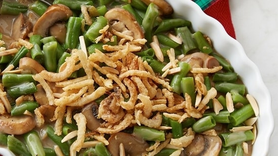 Green bean casserole: A perfect side-dish, green bean casserole is made by cooking green beans in a creamy mushroom sauce, topped with crispy fried onions and baked.&nbsp;(Pinterest)
