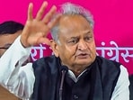 Rajasthan Chief Minister Ashok Gehlot addresses a press conference ahead of State Assembly elections, at PCC Headquarters in Jaipur(PTI)