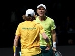 Australia's Matthew Ebden and Max Purcell celebrate winning their quarter final match against Czech Republic's Jiri Lehecka and Adam Pavlasek.