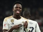 Real Madrid's Brazilian forward #07 Vinicius Junior celebrates scoring his team's third goal Real Madrid's Brazilian forward #07 Vinicius Junior celebrates scoring his team's third goal
