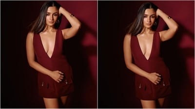 As for accessories, Alia styled her look with a matching maroon platform heel to add a touch of class to her look, a gold bracelet adorning her wrist and a pair of statement gold stud earrings. (Instagram/@aliaabhatt) As for accessories, Alia styled her look with a matching maroon platform heel to add a touch of class to her look, a gold bracelet adorning her wrist and a pair of statement gold stud earrings. (Instagram/@aliaabhatt)