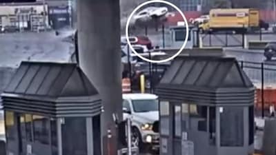 The video shows the car seconds before the explosion, dashing towards theborder checkpoint and flying up into the air (X) The video shows the car seconds before the explosion, dashing towards theborder checkpoint and flying up into the air (X)