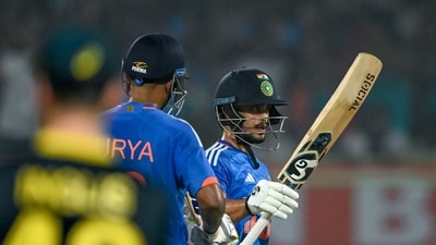 Ishan Kishan and Suryakumar Yadav then took off and put the pressure back on Australia. Kishan scored 58 off 39 and put up a 112-run stand with Suryakumar off just 60 balls. (AFP) Ishan Kishan and Suryakumar Yadav then took off and put the pressure back on Australia. Kishan scored 58 off 39 and put up a 112-run stand with Suryakumar off just 60 balls. (AFP)