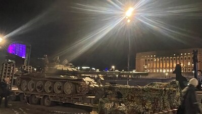 A destroyed Russian tank from Ukraine is put on display near the Finnish parliament building in Helsinki, (REUTERS)