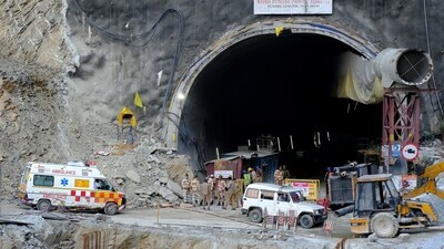 An ambulance arrives at the tunnel where workers are trapped after the tunnel collapsed in Uttarkashi (REUTERS)