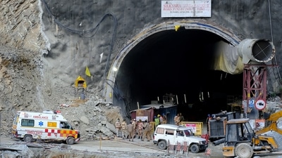 An ambulance arrives at the tunnel where workers are trapped after the tunnel collapsed in Uttarkashi (REUTERS)