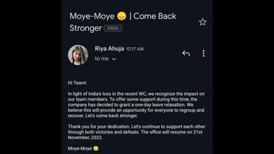 A screengrab of the email that the company's Vice President sent to employees after India lost the World Cup final to Australia. (LinkedIn/@thedikshagupta) A screengrab of the email that the company's Vice President sent to employees after India lost the World Cup final to Australia. (LinkedIn/@thedikshagupta)